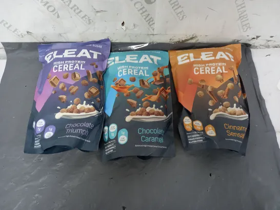 3X ELEAT HIGH PROTIEN CEREAL TO INCLUDE CHOCOLATE, CARAMEL, AND CINNAMON 