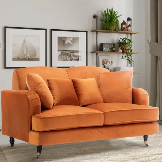 BOXED QUALITY DESIGNER ASHON 2 SEATER VELVET UPHOLSTERED ORANGE SOFA