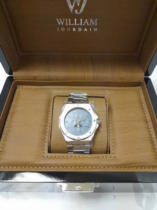 WILLIAM JOURDAIN DETAIL BEZEL TRIPLE DIAL BLUE-GREY FACE BRACELET STRAP WATCH