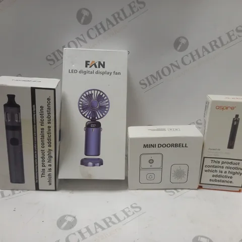 APPROXIMATELY 12 ASSORTED ITEMS TO INCLUDE LED DIGITAL DISPLAY FAN, ASPIRE E-CIG, MINI DOORBELL, ETC