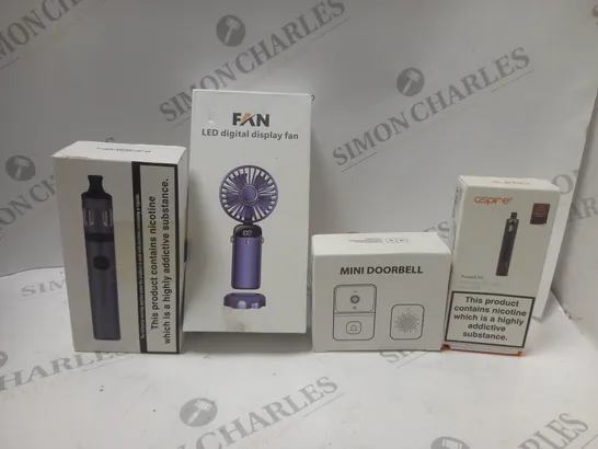 APPROXIMATELY 12 ASSORTED ITEMS TO INCLUDE LED DIGITAL DISPLAY FAN, ASPIRE E-CIG, MINI DOORBELL, ETC