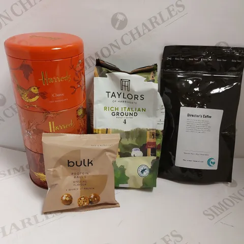 BOX OF APPROX 5 ITEMS TO INCLUDE TAYLORS OF HARROGATE GROUND COFFEE, HARRODS HOT CHOCOLATE AND BULK PROTEIN BALLS