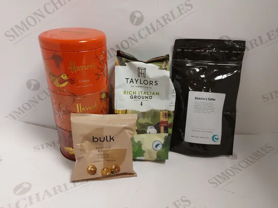 BOX OF APPROX 5 ITEMS TO INCLUDE TAYLORS OF HARROGATE GROUND COFFEE, HARRODS HOT CHOCOLATE AND BULK PROTEIN BALLS