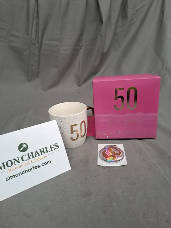 BOXED 50TH BIRTHDAY CELEBRATION MUG & BADGE 