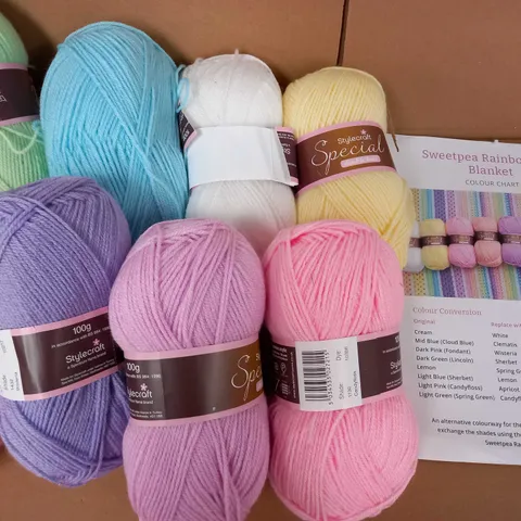 BOX OF 8 BALLS OF WOOL & INSTRUCTIONS FOR CROCHETING A "SWEETPEA RAINBOW BLANKET"