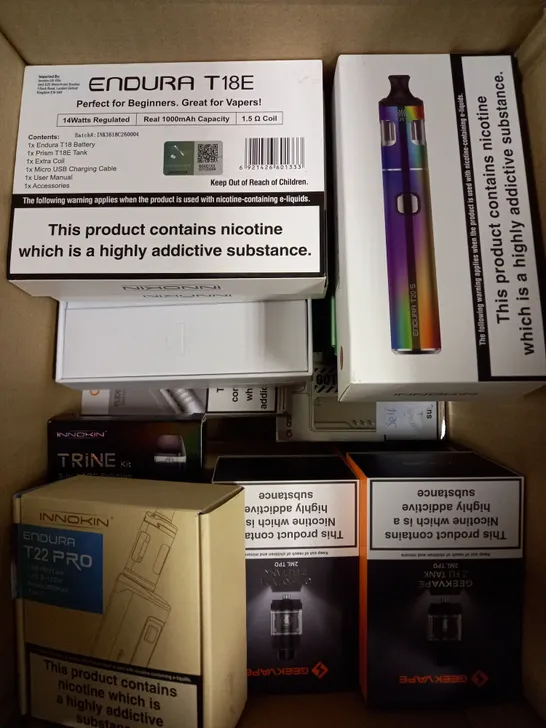 APPROXIMATELY 20 ASSORTED E-CIGARETTE PRODUCTS/ACCESSORIES TO INCLUDE GEEK VAPE, VAPORESSO, ASPIRE ETC 