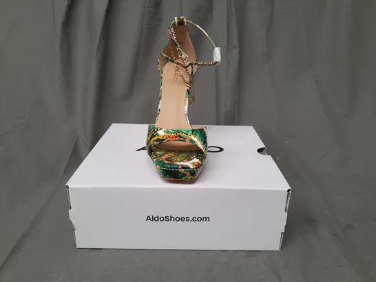 BOXED PAIR OF ALDO PRISILLA OPEN TOE HIGH HEEL SANDALS IN MULTICOLOUR UK SIZE 7