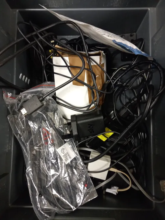 BOX OF APPROXIMATELY 20 ASSORTED ELECTRICAL ITEMS TO INCLUDE HUAWEI FREEVIEW BOX, ETHERNET CABLES, POWER SUPPLIES ETC