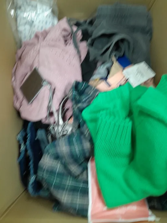 BOX OF APPROXIMATELY 20 ASSORTED CLOTHING ITEMS TO INCLUDE GREEN TOP, HANDBAG, BRIEF UNDERWEAR ETC