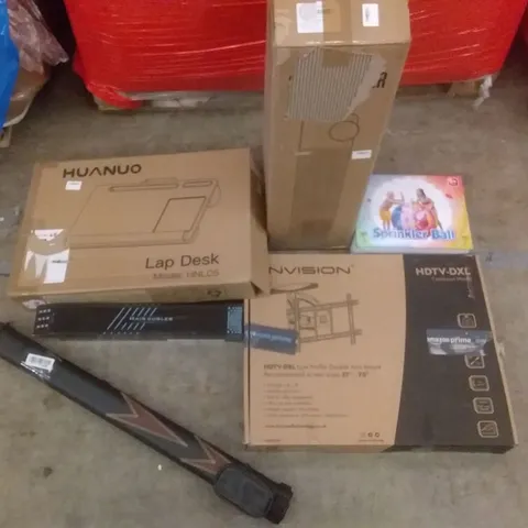 PALLET OF ASSORTED ITEMS INCLUDING HUANUO LAP DESK, SPACE HEATER, INVISION LOW PROFILE DOUBLE ARM MOUNT, SPRINKLER BALL, SNOOKER CUE, HAIR CURLER