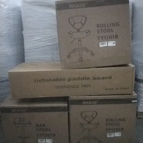 PALLET OF ASSORTED ITEMS INCLUDING WIAIO BAR STOOL, WIAIO ROLLING STOOL AND INFLATABLE PADDLE BOARD