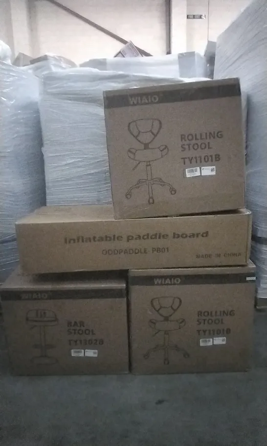 PALLET OF ASSORTED ITEMS INCLUDING WIAIO BAR STOOL, WIAIO ROLLING STOOL AND INFLATABLE PADDLE BOARD