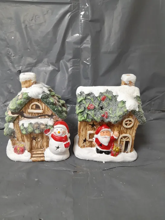 FESTIVE SET OF 2 LIT CERAMIC SANTA/SNOWMAN HOUSE CHRISTMAS DECORATIONS 