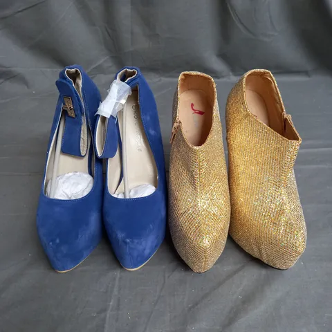 BOX OF APPROX 10 PAIRS OF ASSORTED HEELS TO INCLUDE KOI COUTURE BLUE AND ASPIRER GOLD - VARIOUS SIZES