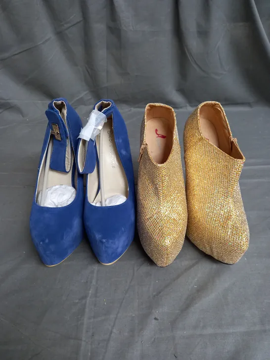 BOX OF APPROX 10 PAIRS OF ASSORTED HEELS TO INCLUDE KOI COUTURE BLUE AND ASPIRER GOLD - VARIOUS SIZES