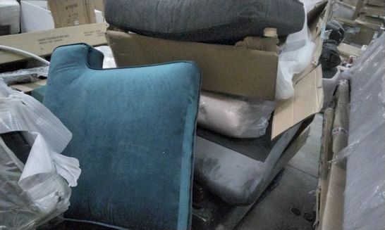 PALLET OF ASSORTED BED FURNITURE PARTS INCLUDING VELVET HEADBOARDS, SOFA SEAT CUSHIONS, BUNK BED PARTS