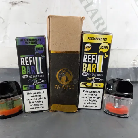 APPROXIMATELY 20 ASSORTED E-CIGARETTE & VAPE PRODUCTS TO INCLUDE REFILL BARS, MILAGRO PET CBD OIL, VAPE PODS, ETC