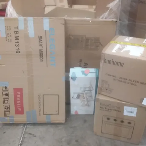 PALLET OF ASSORTED ITEMS INCLUDING SMART MIRROR, WASHING MACHINE RACK, STORAGE STOOL, AIR FRYER OVEN