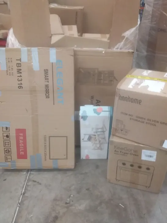 PALLET OF ASSORTED ITEMS INCLUDING SMART MIRROR, WASHING MACHINE RACK, STORAGE STOOL, AIR FRYER OVEN