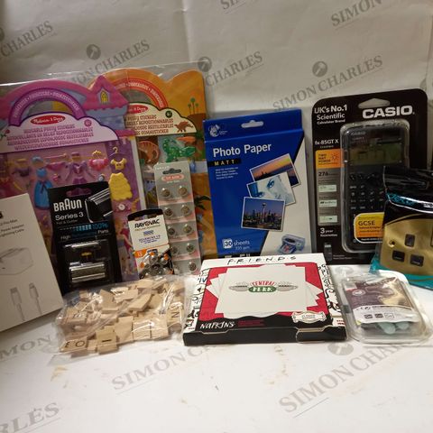 LOT OF APPROX 12 ASSORTED HOUSEHOLD ITEMS TO INCLUDE CASIO CALCULATOR, SLEEP MASK, REUSABLE PUFFY STICKERS, ETC