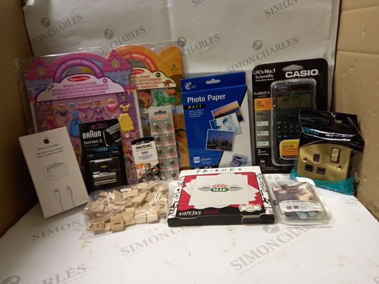 LOT OF APPROX 12 ASSORTED HOUSEHOLD ITEMS TO INCLUDE CASIO CALCULATOR, SLEEP MASK, REUSABLE PUFFY STICKERS, ETC