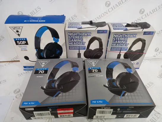 FIVE PAIRS OF ASSORTED BOXED HEADSETS INCLUDING TURTLE BEACH RECON 50 AND 70, AND NIGHTHAWK