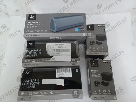 LOT OF 5 ASSORTED KITSOUND AUDIO ITEMS TO INCLUDE EARBUDS AND BLUETOOTH SPEAKERS