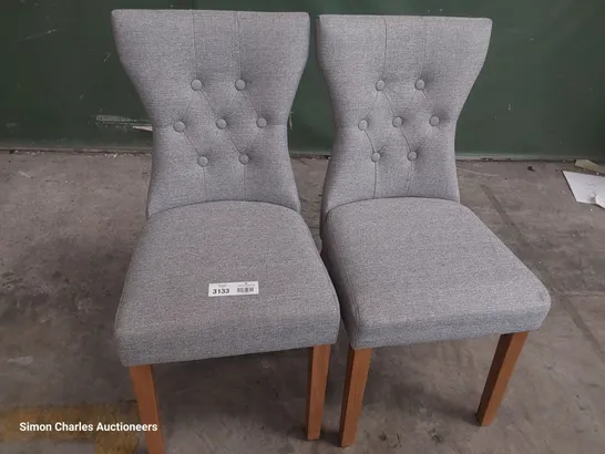 PAIR OF UPHOLSTERED BUTTONED BACK DINING CHAIRS GREY FABRIC ON NATURAL WOOD LEGS 