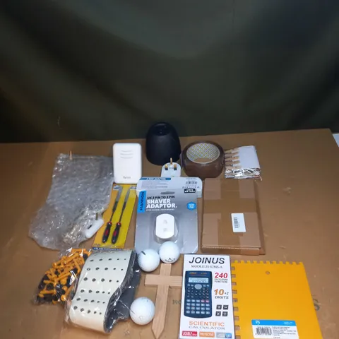 LOT OF ASSORTED HOUSEHOLD ITEMS TO INCLUDE GOLF BALLS, CALCULATOR AND SHAVER ADAPTOR