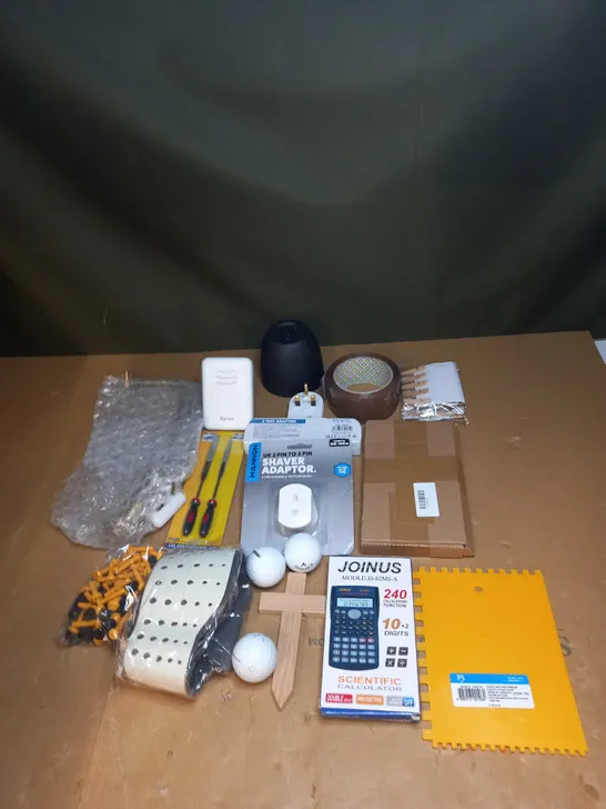 LOT OF ASSORTED HOUSEHOLD ITEMS TO INCLUDE GOLF BALLS, CALCULATOR AND SHAVER ADAPTOR