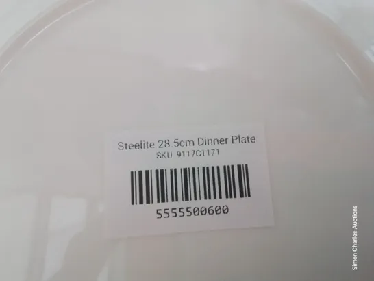 BOX OF STEELITE WHITE CROCKERY INCLUDING, 10 × 28.5cm DINNER PLATES, 4 × 30cm DINNER PLATES, 6 × 15cm SAUCERS & RECTANGULAR PLATTER