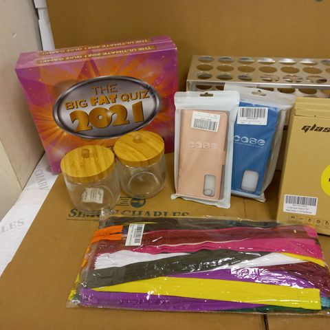 BOX OF ASSORTED ITEMS TO INCLUDE 2X THE BIG FAT QUIZ 2021 BOARD GAME, 2X SAMSUNG GALAXY CASES, GOOGLE PIXEL SCREEN COVERS, SET OF 2 MDESIGN JARS, ETC