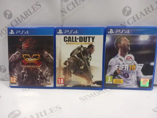 3 ASSORTED PLAYSTATION 4 GAMES TO INCLUDE; STREET FIGHTER ARCADE EDITION, CALL OF DUTY ADVANCED WARFARE AND FIFA 18