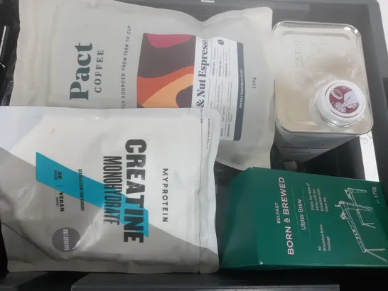 BOX OF APPROX 10 ASSORTED FOOD ITEMS TO INCLUDE - HEALTHSPAN ELITE PROTEIN BLEND CHOCOLATE FLAVOUR - PACT COFFEE FRUIT & NUT ESPRESSO - MY PROTEIN CREATINE MONOHYDRATE UNFLAVOURED ECT