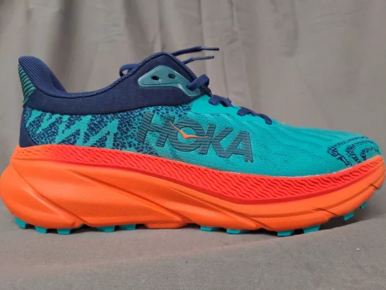 BOXED PAIR OF HOKA CHALLENGER ATR 7 SHOES IN AQUA/ORANGE/NAVY UK SIZE 9