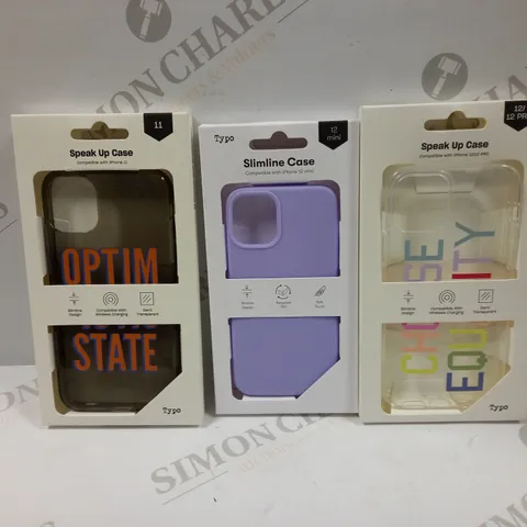 BOX OF APPROXIMATELY 50 TYPO PHONES CASES ('SLIMLINE CASE' & 'SPEAK UP CASE') FOR IPHONE 11, 12 MINI, 12/12PRO IN VARYING COLOURS