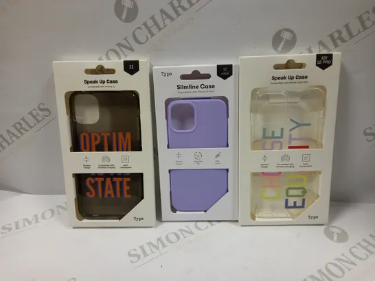 BOX OF APPROXIMATELY 50 TYPO PHONES CASES ('SLIMLINE CASE' & 'SPEAK UP CASE') FOR IPHONE 11, 12 MINI, 12/12PRO IN VARYING COLOURS