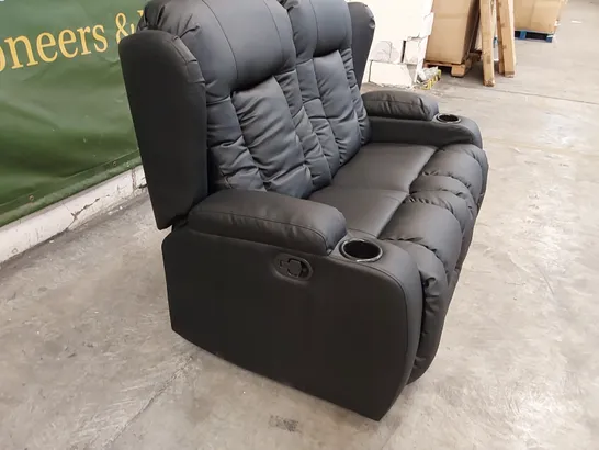 DESIGNER BLACK LEATHER 2-SEATER RECLINING SOFA WITH CUP HOLDERS 