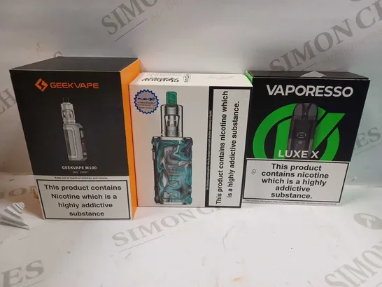 LOT OF APPROXIMATELY 28 ASSORTED E-CIGARETTES AND LIQUIDS TO INCLUDE VAPORESSO LUXE X, GEEKVAPE M100, INNOKIN ADEPT MOD, ETC