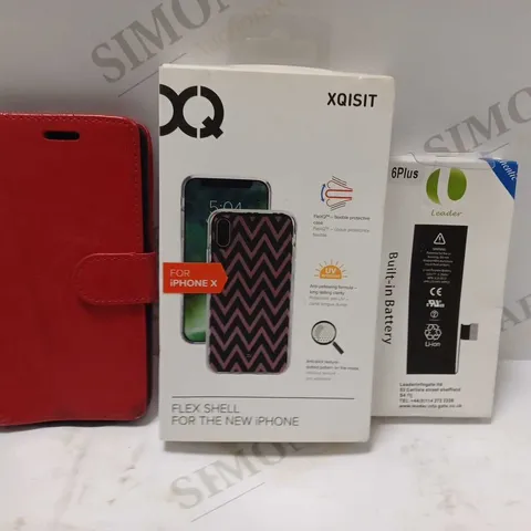 BOX OF APPROXIMATELY 15 ASSORTED HOUSEHOLD ITEMS TO INCLUDE LEADER 6PLUS BUILT IN BATTERY, XQISIT FLEX SHELL FOR IPHONE X, DESIGNER PHONE CASE IN RED, ETC