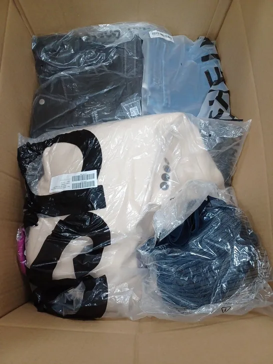 LARGE BOX OF ASSORTED CLOTHING ITEMS IN VARIOUS COLOURS AND SIZES INCLUDING TROUSERS , TOPS AND JUMPERS 