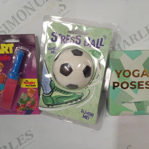 LOT OF APPROXIMATELY 10 ASSORTED TOYS AND GAMES TO INCLUDE YOGA POSES, STRESS BALL, FART WHISTLE, ETC