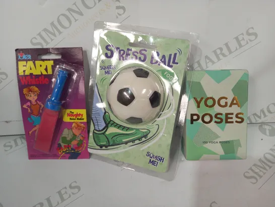 LOT OF APPROXIMATELY 10 ASSORTED TOYS AND GAMES TO INCLUDE YOGA POSES, STRESS BALL, FART WHISTLE, ETC