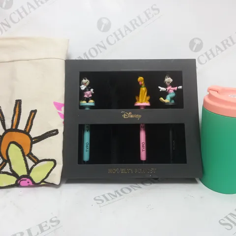 BOX OF APPROXIMATELY 40 ASSORTED HOUSEHOLD ITEMS TO INCLUDE METAL COMMUTER CUP IN TEAL, DISNEY NOVELTY PEN SET, ETC