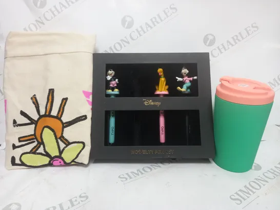 BOX OF APPROXIMATELY 40 ASSORTED HOUSEHOLD ITEMS TO INCLUDE METAL COMMUTER CUP IN TEAL, DISNEY NOVELTY PEN SET, ETC