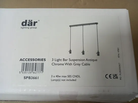 BOXED DAR LIGHTING 3-LAMP BAR SUSPENSION LIGHT IN ANTIQUE CHROME WITH GREY CABLE