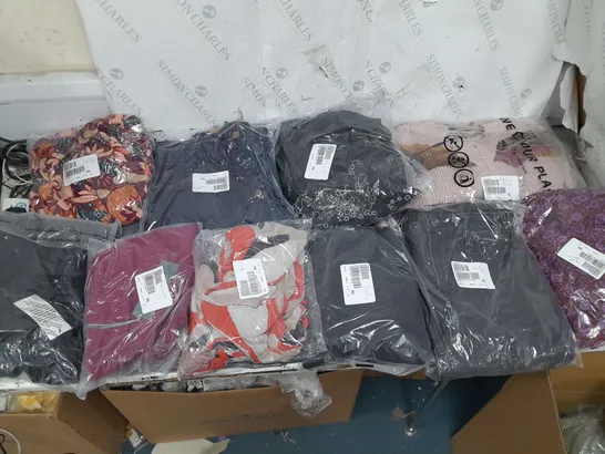 BOX OF APPROXIMATELY 10 ASSORTED BAGGED CLOTHING PIECES IN VARIOUS STYLES AND SIZES 