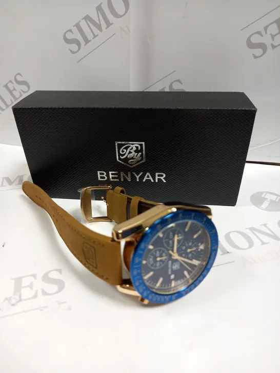 BOXED BENYAR MENS BLUE DIAL LEATHER STRAP WATCH 