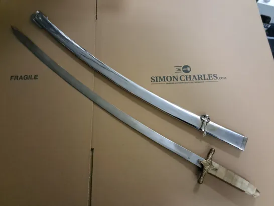 DECORATIVE 40" SWORD WITH WOODEN HANDLE AND METAL SCABBARD 