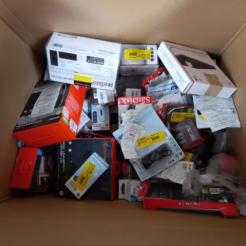 BOX OF ASSORTED ELECTRICALS TO INCLUDE LAPTOP CHARGERS, KEYBOARDS, PHONE CABLES ETC
